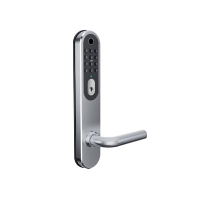 Zafe T-Lock oval dørlås i rustfri udførelse med fysiske knapper og vandret dørgreb set forfra.