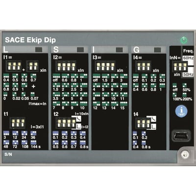 ABB SACE Ekip Dip elektronisk overstrømsrelæ set forfra med display, indstillingsfelter og Dip-switches.
