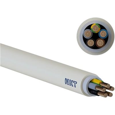 Hvidt NKT Noikx 5G6 flex 90°-kabel med synlige farvede ledere og et rundt tværsnit øverst.