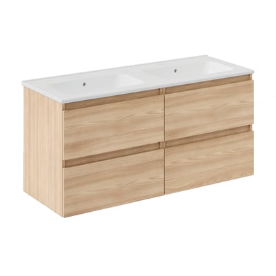 Cosmic 120 cm underskab i eg med melaminoverflade og to porcelænsvaske med integrerede greb.