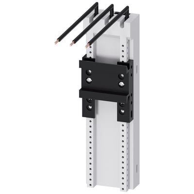Siemens 8US2 busbarsystemadapter med tre sorte forbindelsesledninger og sort monteringsdel på en grå skinne.
