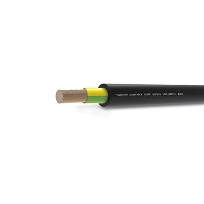 Sort kabel med brandklasse B2ca og én leder med grøn/gul isolering, der tydeligt viser den indre konstruktion.