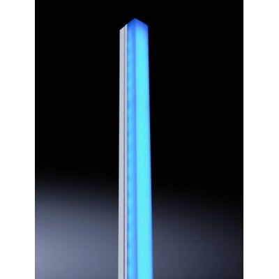 Rittal CMC III RGB LED lysskinne i aluminium med lysende blå farve, vist oprejst mod en mørk baggrund.