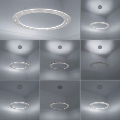 Montage af Pure-Cosmo rund pendel, der viser forskellige lysindstillinger fra 2700 til 5000 Kelvin.
