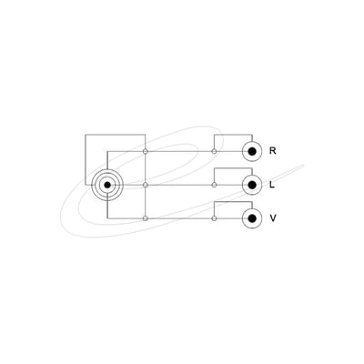 Tegning af DeLock audiokabel med vinklet 3,5 mm stereojack og tre RCA-stik til lyd og video.