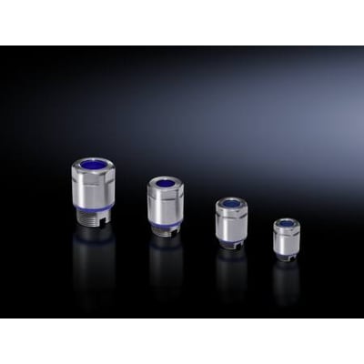 Rittal HD kabelforskruning i metal med blå detaljer i fire forskellige størrelser på en mørk baggrund.