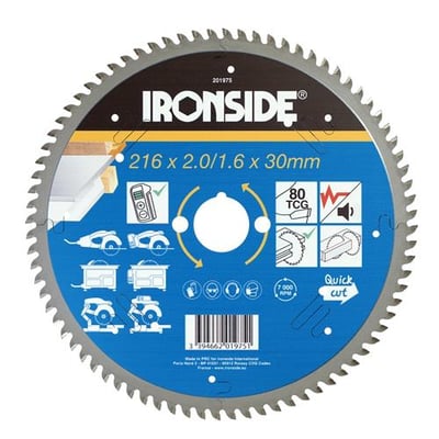 Ironside rundsavklinge til aluminium med 80 tænder, set forfra med blå mærkat og sølvfarvet tandkrans.