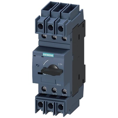 Siemens 3RV2 S0 motorværn med 3 poler og 20A indstillingsområde, UL489 godkendt, vist med skrueterminaler.
