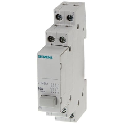 Grå Siemens trykkontakt 5TE4 med 3NO 1NC kontakter, 20A mærkestrøm, 400V, monteret på din-skinne med tydelige mærkningsnumre.