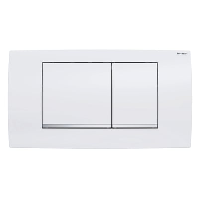 Geberit Twinline 30 mekanisk betjeningsplade i alpin-hvid med to skylleknapper og blankforkromede striber.