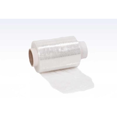 Roliba strækfilm håndrulle på 100 mm bredde, 23 my tykkelse og 150 m længde, vist på en hvid baggrund.