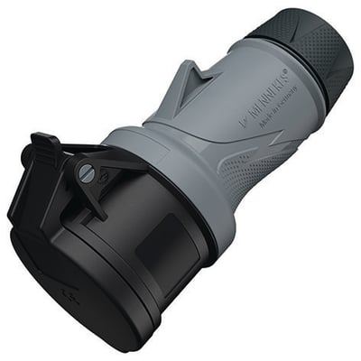 Mennekes PowerTOP Xtra R CEE-forlængerled i grå og sort, set skråt, med 16 A, fire poler og IP54.