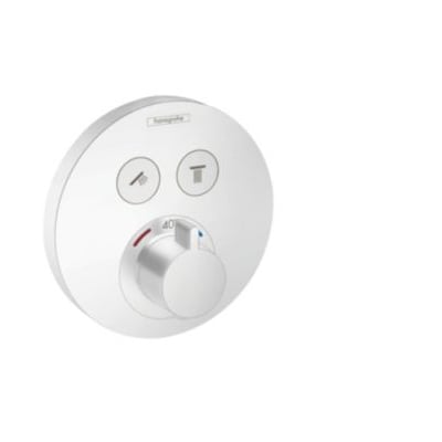 Hansgrohe Select S termostat i mat hvid, vist i en vinkel der fremhæver det runde design og kontrolpanelet med knapper og drejehjul.