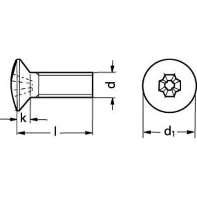Teknisk tegning af M5x25 DIN 966/ISO 14584 A2 linsehoved maskinskrue med pozi-kærv, viser dimensioner som l, k, d og d1.