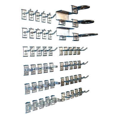 Maskinfabrikken Universal UNI-B krogsæt med 50 dele, viser forskellige typer kroge og ophæng til hulplader.