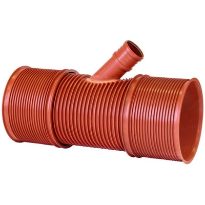 Uponor Double/Rib2 PP-grenrør, 560x160mm, 45 grader, vist fra siden med et grenrør der stikker op.