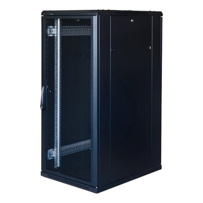 Toten G3 19" gulvskab i sort, med glasfrontdør og perforeret bagdør, 27U og 600x800mm dimensioner.