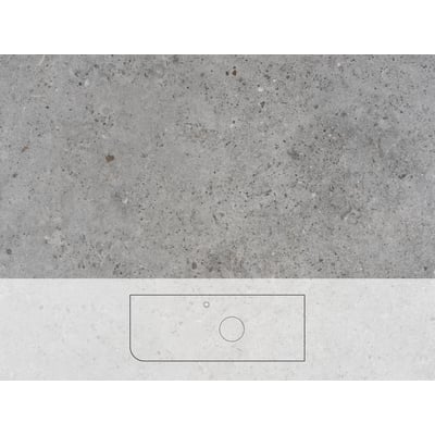 Svedbergs Poem Soft Kalk bordplade på 121 x 46 x 1,2 cm med grå, spættet overflade og tegnet omrids med udskæringer.