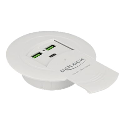 Delock USB Type-C oplader med 85W Power Delivery og Qualcomm Quick Charge 3.0, hvid hvirvelform med 2 USB-A og 1 USB-C port.