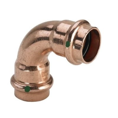 Viega Profipress 90° kobberbøjning med muffe/muffe tilslutning for 28 mm rør, med synlige grønne mærker.