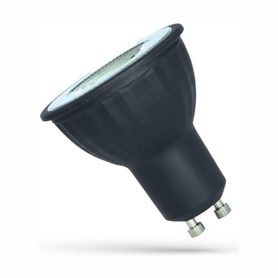 SpectrumLED GU10 LED-spot på 4 W og 3000 K med sort hus, vist skråt med lysflade og GU10-stifter synlige.