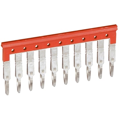Legrand Viking 3 laske i rød plast med 10 metalstik til 5 mm klemmer, monteret på din-skinne, viser elektrisk samling.