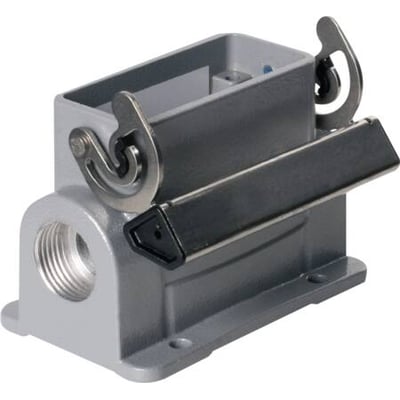 Weidmüller HDC industristik sokkelhus størrelse 2 med 2xPG16 tilslutning og 1 bøjle i grå metal.