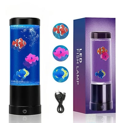 Komplet produktvisning af RGB fiskelampen, inklusive tre individuelle fiskeillustrationer, USB-kabel og produktets emballage.