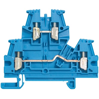 Legrand Viking 3 nullederklemme i blå plast med sølvfarvede skrueterminaler og koblingsskinne.