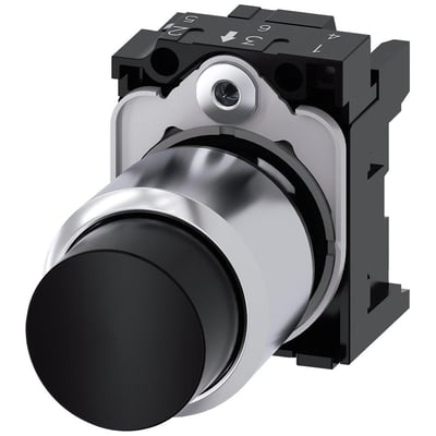 Siemens Sirius Act 22mm rund trykknap i metal med sort, hævet knap og forkromet ring. Synlige numre 1, 3, 5, 6 på den sorte bagside.