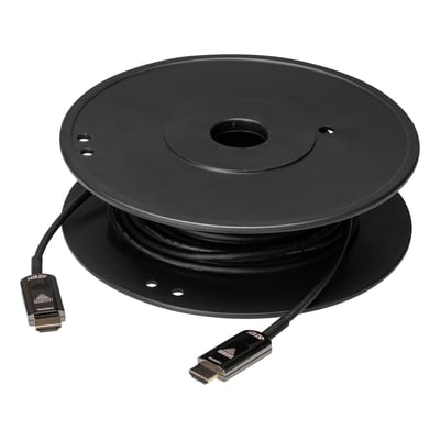 Aten 30 meter aktivt optisk HDMI 2.0 kabel på kabeltromle med sorte HDMI-stik.