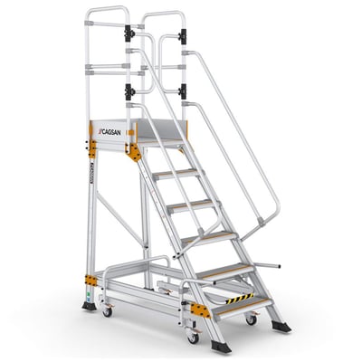 Mobil platform ESPERON med 5+1 trin, aluminium med orange detaljer, på hvid baggrund.