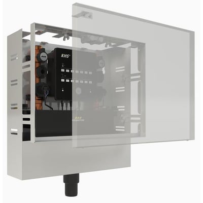 Kemper KHS PURE hygiejneskyl med to tilslutninger, vist uden det gennemsigtige frontpanel for at vise de interne komponenter og kobberrør.