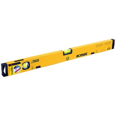 Gult Ironside-vaterpas på 40 cm med magnet og to libeller, vist skråt med plastendestykker.