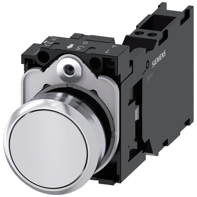 Siemens 22mm trykknap med højglans metalfront og hvid betjeningsknap. Inkluderer 1NC kontakt og fjederterminaler til montering.