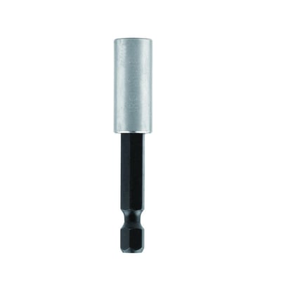 Ironside bitholder til 1/4-tomme bits, 60 mm, med magnet og holdering, set forfra med sølvfarvet holder og sort skaft.