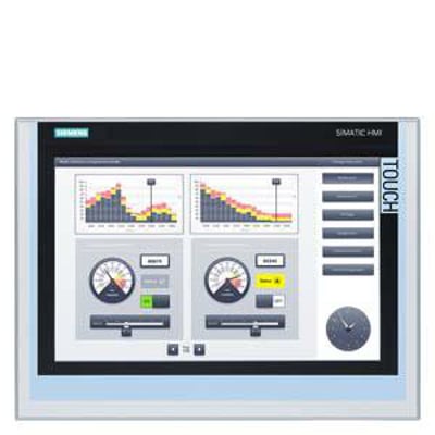 Siemens SIPLUS HMI TP1500 Komfort touch panel med 15" widescreen TFT-skærm, der viser grafer og betjeningsknapper.