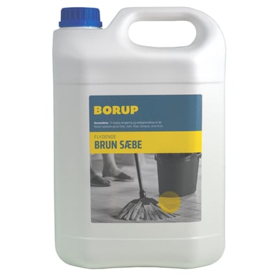 Borup Kemi flydende brun sæbe i 5L dunke med etikette, der viser anvendelse med gulvmoppe og spand.