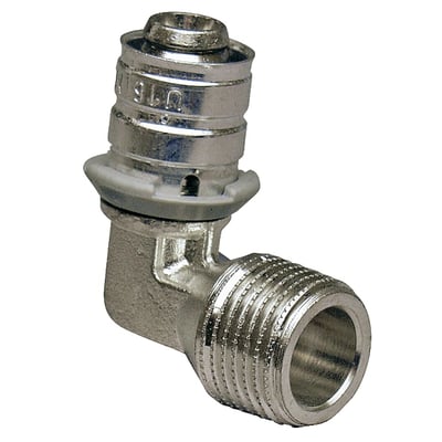 Nærbillede af Uponor S-Press 25mm vinkelkobling med synlig pres-indikator og 1" R-gevind.