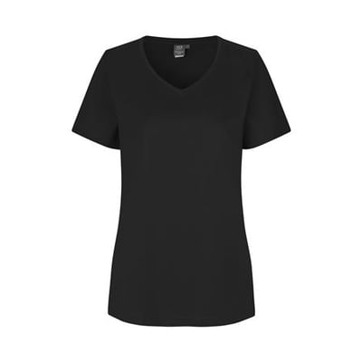 Sort ID Identity Pro wear care dame t-shirt med V-hals og korte ærmer, lavet af bomuld og genanvendt polyester.
