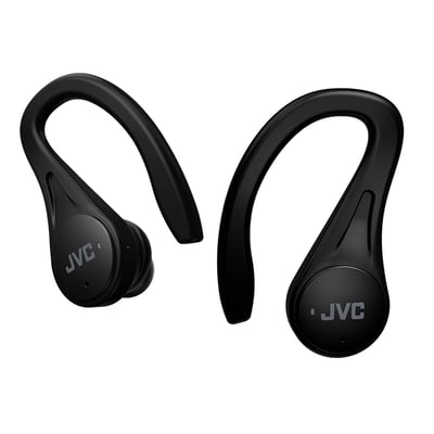 Et par sorte JVC HA-EC25T-B-U True Wireless sportshøretelefoner vist individuelt med ørekroge mod hvid baggrund.