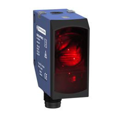 Schneider Electric laser fotocelle modtager 50x50mm i blå plast med M12 stik, viser den røde lysdiode og mærkat med specifikationer.