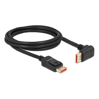 Sort DeLock DisplayPort 1.4-kabel på 2 meter med to hanstik, hvor det ene er vinklet 90 grader opad.