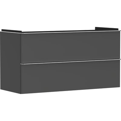 Hansgrohe Xelu Q vaskeskab set fra siden, med to skuffer og aluminiumsgreb, i mat diamantgrå finish.