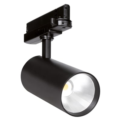 Sort Ledvance Tracklight Spot XR HE-skinnespot med cylindrisk lampehoved, synlig reflektor og 3-faset skinneadapter.
