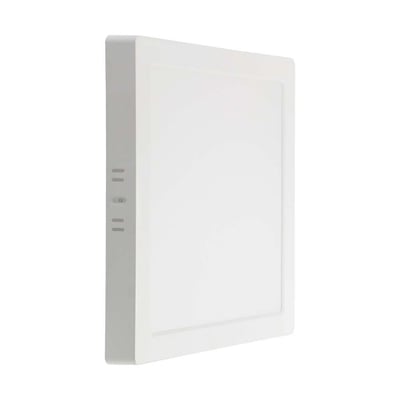 V-TAC 24W bagbelyst panel i hvid plast med mål på 287x287mm, viser en kvadratisk påbygningslampe.