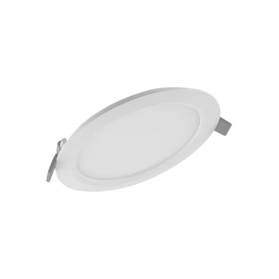 Ledvance Downlight Slim Rund LED, 12W, 3000K, 169mm diameter, vist isoleret på hvid baggrund med monteringsklips synlige.