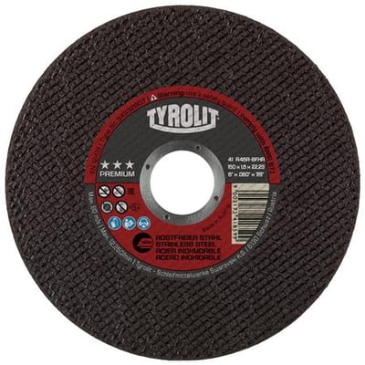 Tyrolit Premium-skæreskive til rustfrit stål, rund med centerhul og rød mærkat, 150 x 1,6 x 22,23 mm.