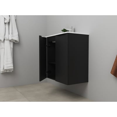 Sanibell Online møbelsæt i matsort med 2 åbne låger, 61x36 cm, med hvid porcelænsvask og krom armatur monteret.