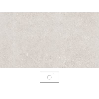 Grå Svedbergs Brecc bordplade på 81 x 46 cm med let marmoreret overflade og en lille tegning af udskæringerne.